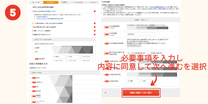 MNP情報入力画面
