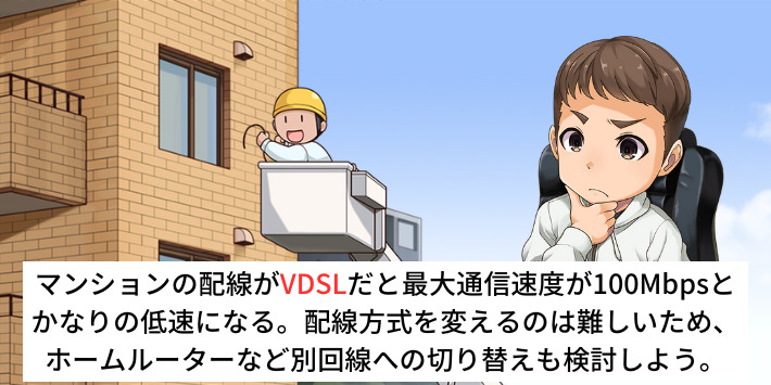 VDSLの場合は最大通信速度100Mbpsと低速になる