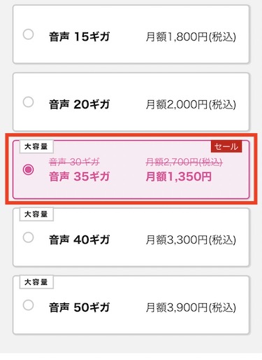 大容量ギガプランを選択する