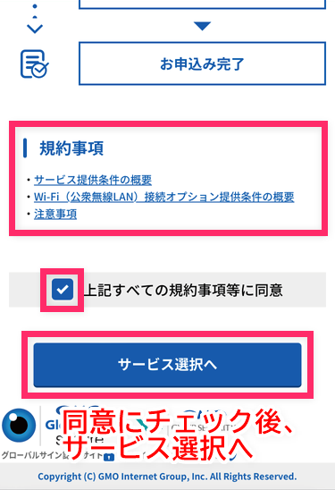 規約事項を確認し、同意のチェックを入れたら「サービス選択へ」ボタンをタップ