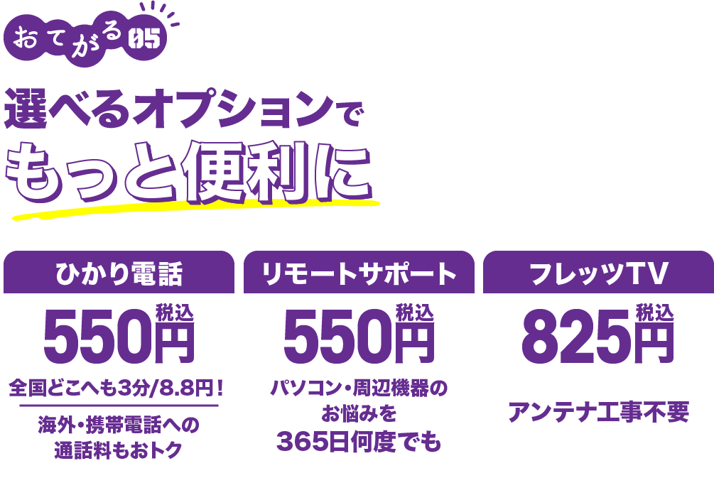 おてがる05 選べるオプションでもっと便利に ひかり電話500円全国どこへも3分/8円！海外・携帯電話への通話料もおトク リモートサポート 500円 パソコン・周辺機器のお悩みを365日何度でも フレッツTV750円 アンテナ工事不要