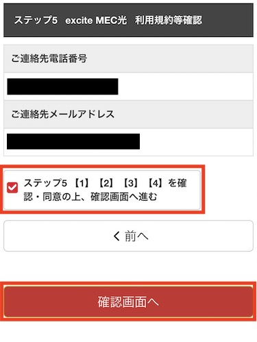 「ステップ5を確認・同意の上、確認画面へ進む」にチェックを入れ、「確認画面へ」をクリックする