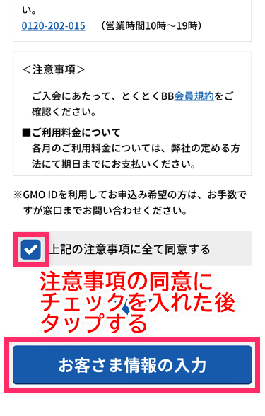 注意事項への同意にチェックを入れ「お客さま情報の入力」をタップする