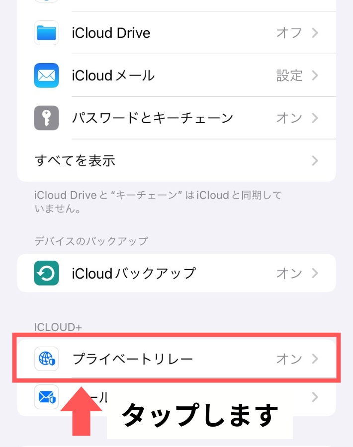 「プライベートリレー」をタップする