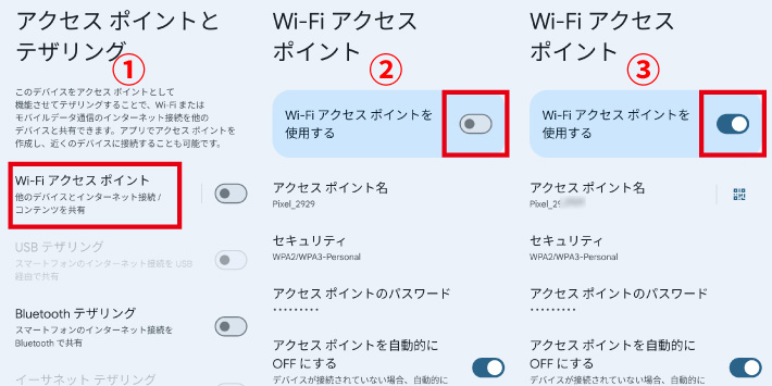 「Wi-Fiアクセスポイントの使用する」をオンにする